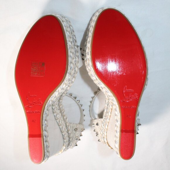 NWOB Christian Louboutin Pyraclou Spiked Wedge Ankle Strap Sandals 42 White Gray - Picture 3 of 8